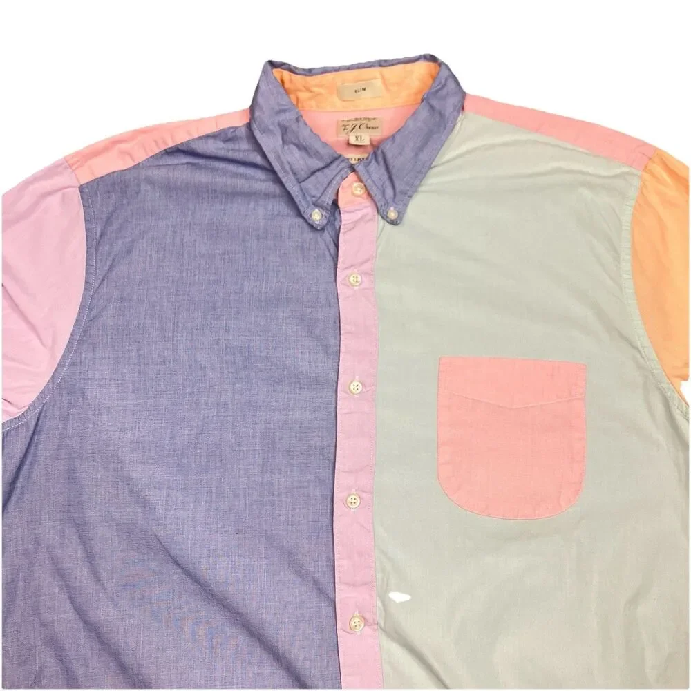 J Crew Secret Wash Shirt Mens XL Colorblock Organic Cotton Button Down Coastal‎